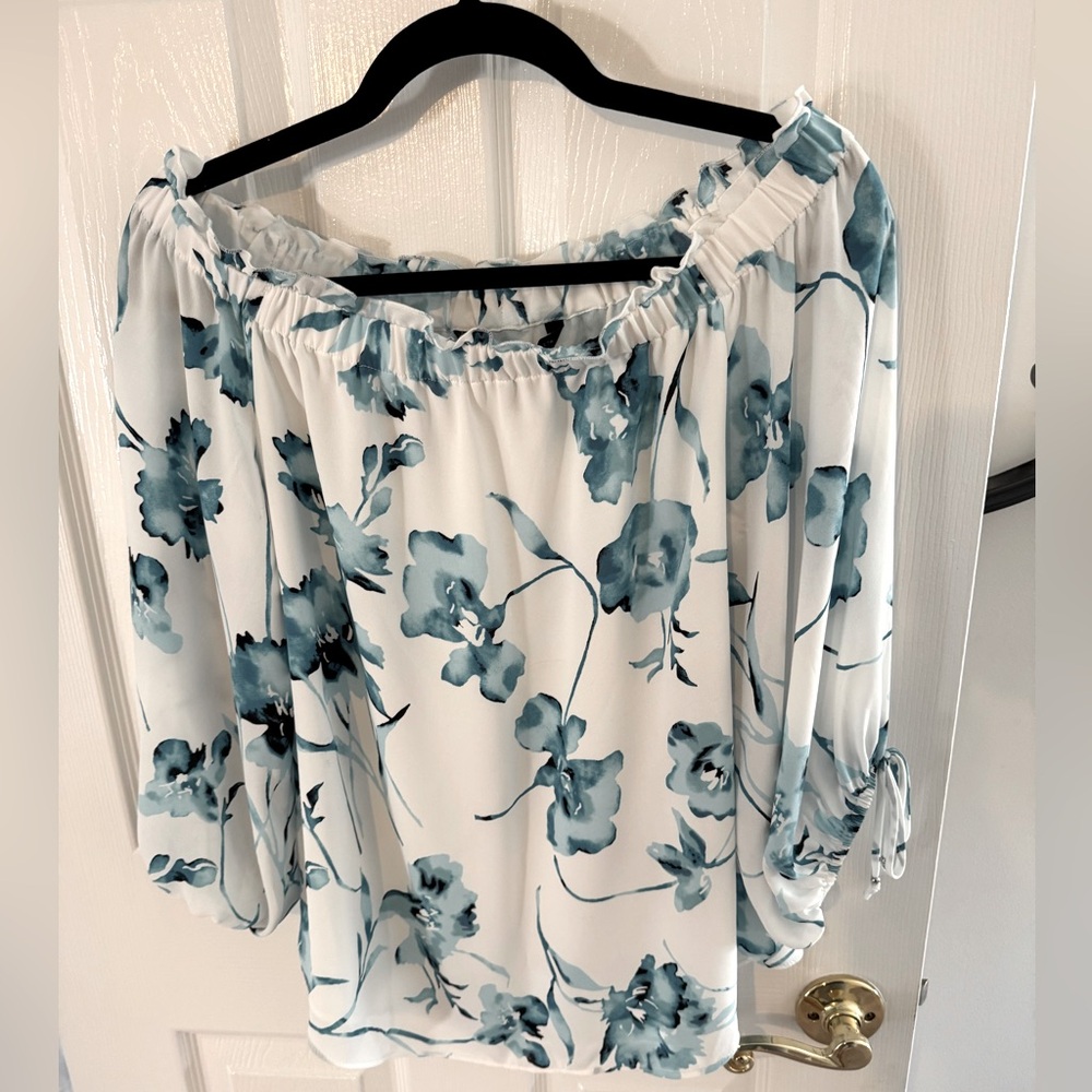 White House Black Market Floral Blue and White Off-the-Shoulder Blouse